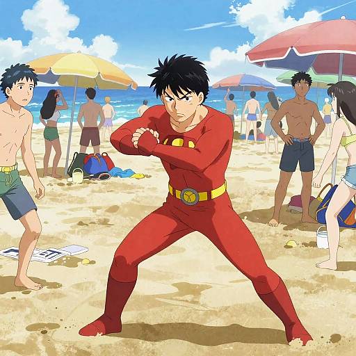 Anime-style digital artwork of a muscular man in a red superhero suit, fighting stance on a sunny beach with sun umbrellas, shirtless men, and