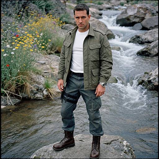 Photograph of a serious, muscular man with short dark hair, wearing a green military jacket, white t-shirt, blue jeans, and brown boots,