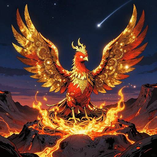 Radiant Crimson Phoenix in Volcanic Crater