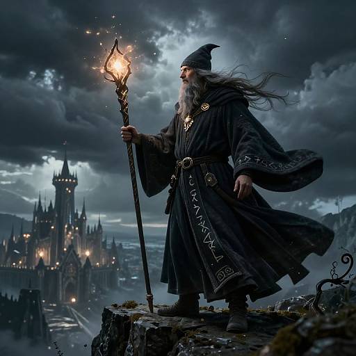 A magical wizard in a dark robe and pointed hat stands on a cliff, holding a glowing staff, with a stormy sky and a glowing castle in