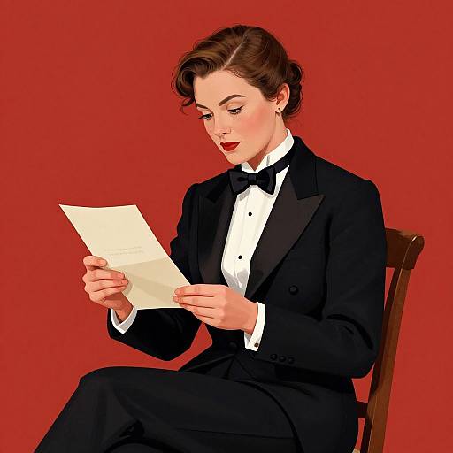 Digital illustration of a fair-skinned woman with short brown hair, wearing a black tuxedo and bow tie, reading a paper against a solid red
