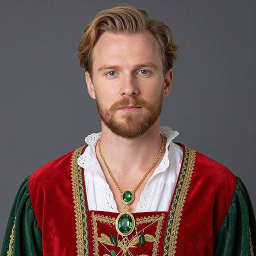 Photograph of a bearded white man with light brown hair, wearing a red and green velvet robe with gold embroidery, white lace shirt, and green