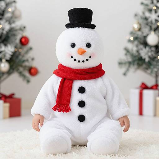 Photograph of a plush snowman with black top hat, red scarf, black buttons, and orange carrot nose, sitting on white carpet, with blurred