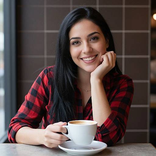 Photograph of a smiling woman with long black hair, wearing a red and black plaid shirt, resting her chin on her hand, holding a white