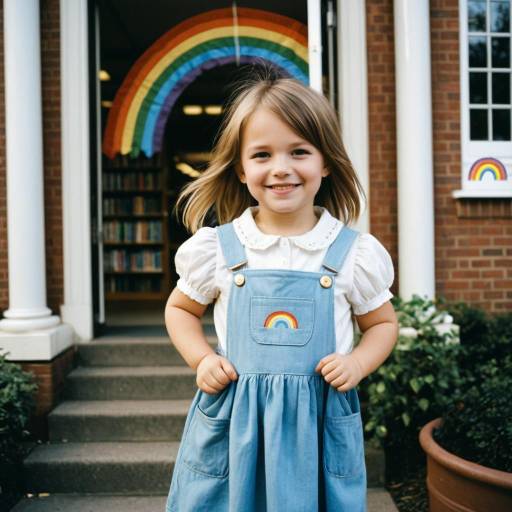 Smiling Toddler Girl in Blue Pinafore Near Library
