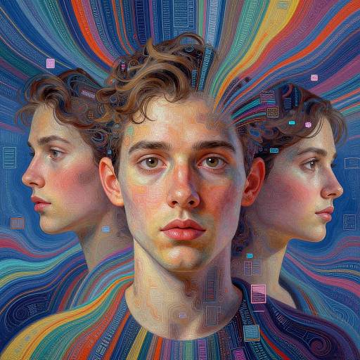 Digital artwork of a young man with curly brown hair, three-profiled, set against a vibrant, multicolored, wavy, and pixelated