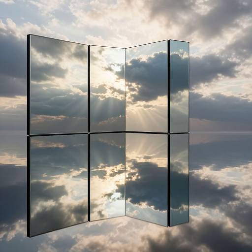 Photograph of a three-dimensional glass pane structure reflecting a dramatic sunset sky with sun rays and scattered clouds.