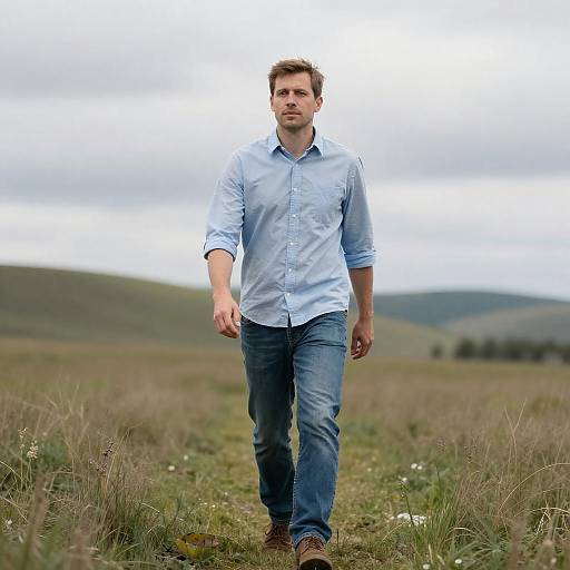 Man Walking in Grassy Field