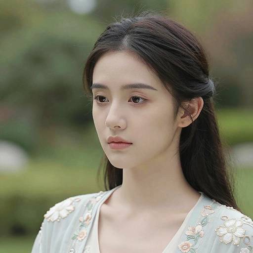 Photograph of an East Asian woman with fair skin, long black hair, and subtle makeup, wearing a white floral embroidered top, standing outdoors with a