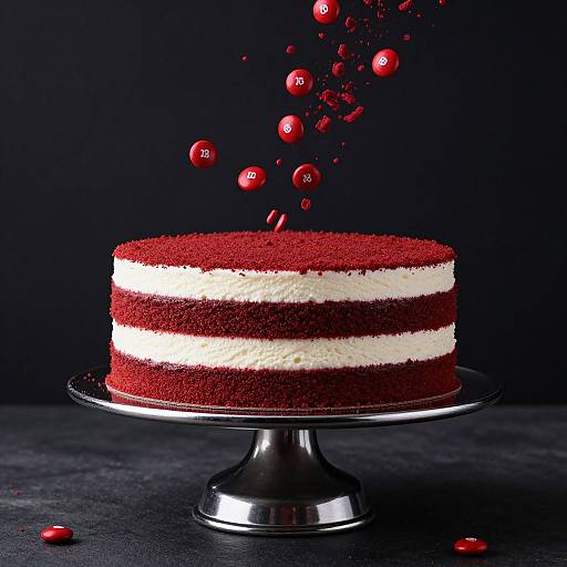 Photograph of a red and white layered cake on a glass stand, with red cherry-like decorations flying upwards against a dark background.