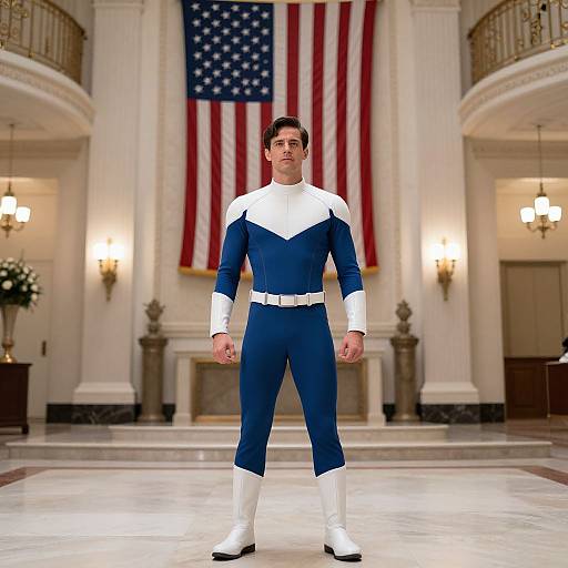 Photograph of a muscular man in a blue and white superhero costume standing confidently in front of a large American flag in a grand, ornate room with
