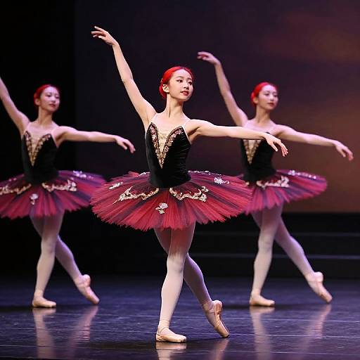 Photograph of three ballerinas in black bodices and red tutus, white tights, and pink pointe shoes, performing an elegant ballet