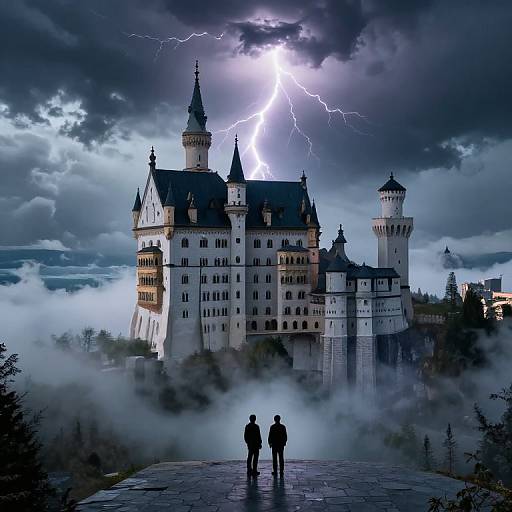 Photograph of a dramatic, lightning-struck medieval castle with silhouetted figures standing on a misty stone platform, under dark, stormy