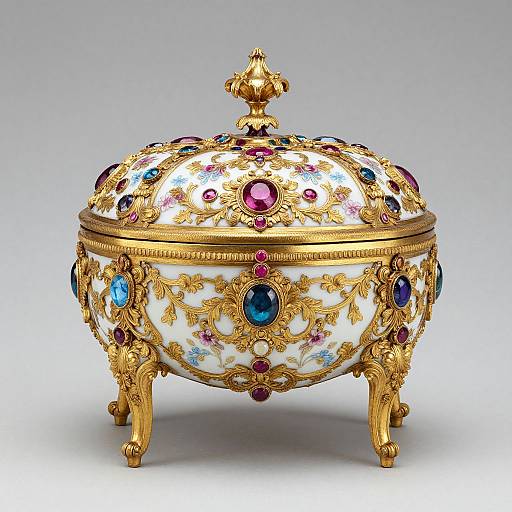Ornate, gold and white, jewel-encrusted, dome-shaped box with colorful gemstones, including rubies, sapphires