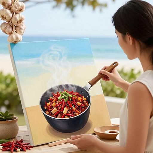 Modern Mom Cooking Spicy Chili Outdoors