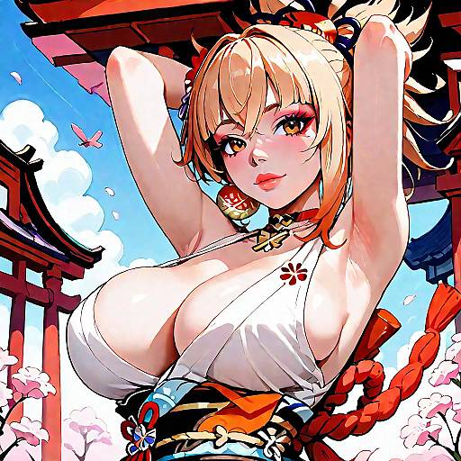 Anime Style Female Character Outdoors with Cherry Blossoms