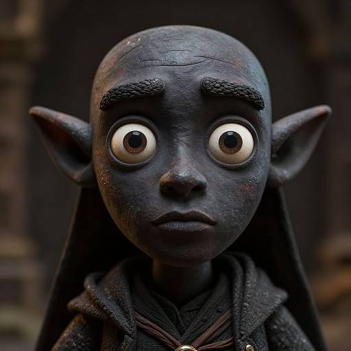 Digital CGI close-up of a blue-skinned, wide-eyed, elf-like character with pointed ears, dark eyebrows, and a somber expression, wearing