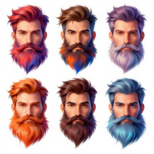 Digital illustration of six bearded men, each with unique, vibrant, colorful beards and hair, arranged in a 3x2 grid on a