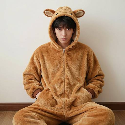 Photograph of an Asian man with black hair, wearing a fluffy brown bear onesie with bear ears, sitting against a white wall on wooden floor,