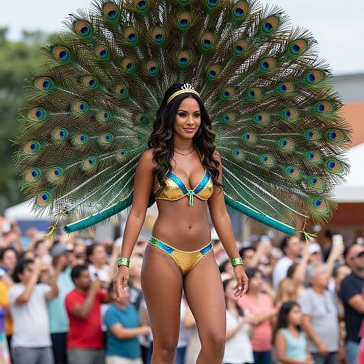 Photograph of a confident, dark-haired woman with a large peacock feather headdress, wearing a gold bikini with blue accents, walking in a crowded