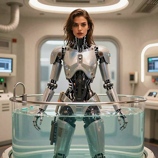 Photorealistic CGI of a silver robotic woman with wet brown hair, standing in a clear water-filled tank in a futuristic lab.