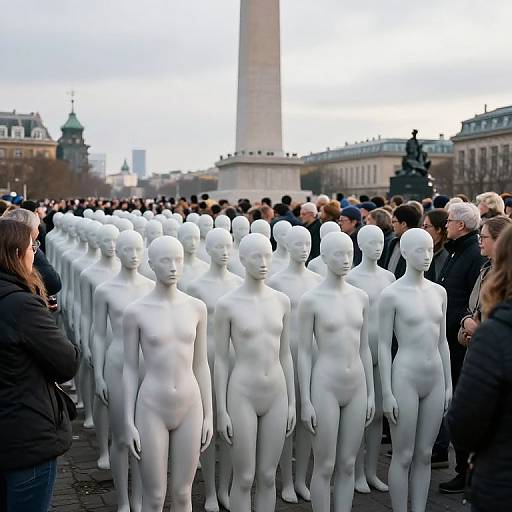 Photograph of a crowd observing a row of identical white, nude, featureless statues of women in an outdoor public square. Background includes a tall column