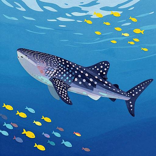 Digital illustration of a blue-spotted whale shark swimming in a vibrant blue ocean, surrounded by yellow and blue fish.