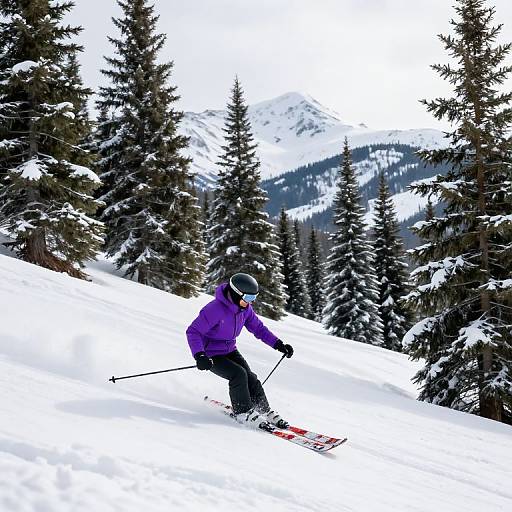 Photograph of a skier in a purple jacket, black pants, and white helmet descending a snowy slope through a forest of snow-covered evergreen trees