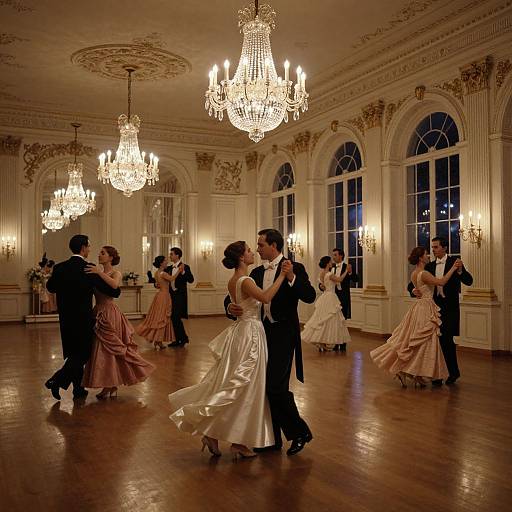 Photograph of elegant ballroom dance; couples in formal attire waltz under glowing chandeliers, with ornate ceiling and large arched windows