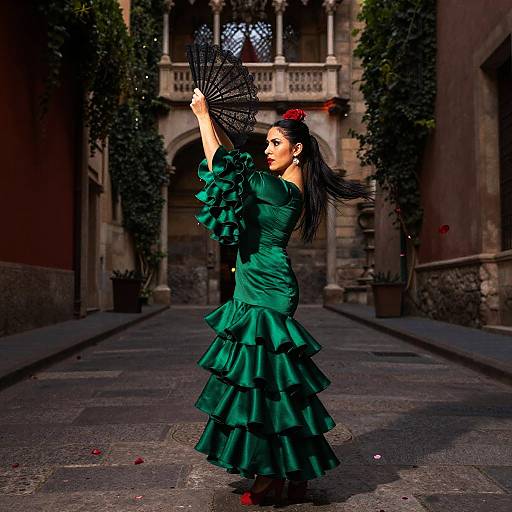 Photograph of a dark-haired woman in a green ruffled dress, holding a black fan, dancing in a cobblestone alley with ivy-covered