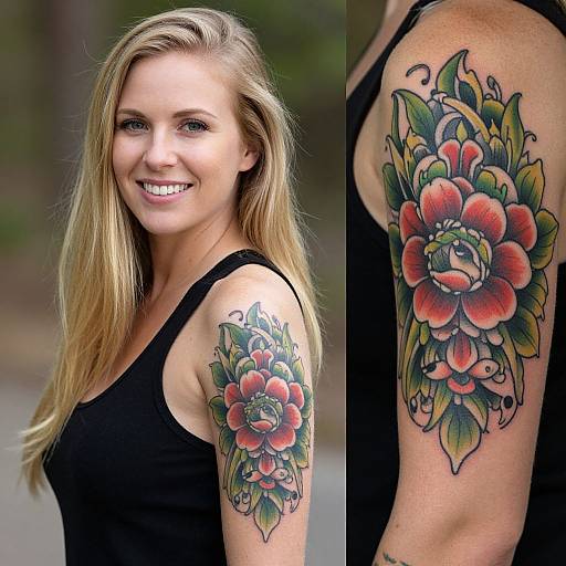 Photograph of a smiling blonde woman in a black tank top, showcasing a vibrant, colorful flower tattoo on her upper arm. Close-up tattoo detail on