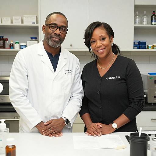 Photograph of an African-American male doctor in a white lab coat and black shirt, standing beside an African-American female healthcare professional in a black cardigan