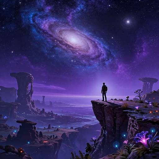 Digital art of a lone figure standing on a cliff, gazing at a glowing, purple-hued galaxy over a mystical, bioluminescent landscape
