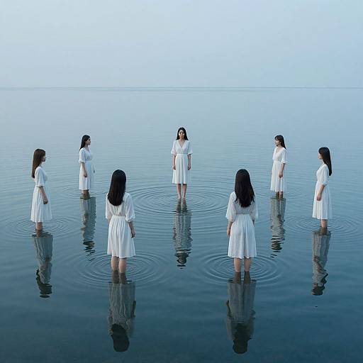 Six women in white dresses standing in calm, reflective water, their reflections mirrored below; serene, minimalist photograph with a blue gradient sky.