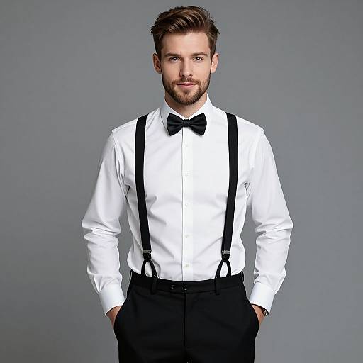 Photograph of a handsome, bearded man with brown hair, wearing a white shirt, black bow tie, suspenders, and black trousers, standing