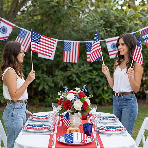 Two women in white tops and jeans, holding American flags, stand at a patriotic outdoor table with red, white, and blue decorations.