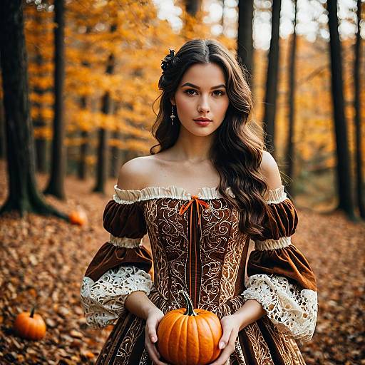 Young Woman in Renaissance Dress Holding Pumpkin