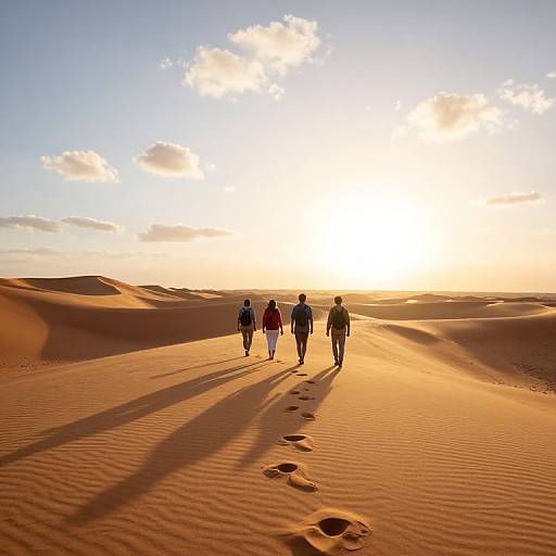 Photograph of four people walking in a sunlit desert, casting long shadows, with footprints in golden sand dunes under a bright, partly cloudy