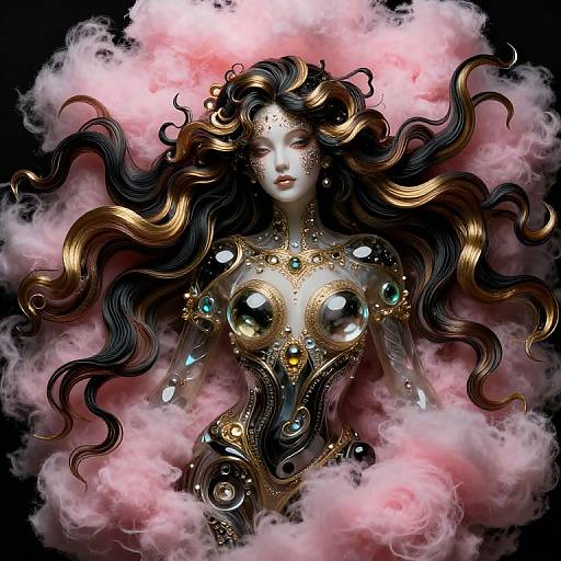 Digital artwork of a mystical, black-haired, fair-skinned woman with golden and black armor-like body, surrounded by pink smoke, featuring glowing jewels and