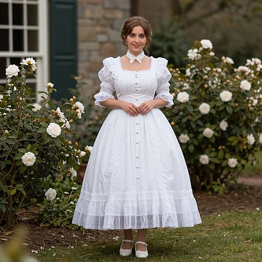 Photograph of a smiling woman in a white, Victorian-style dress with puffed sleeves, standing in a rose garden with blooming white roses, in