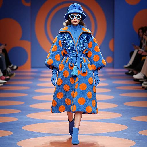 Photograph of a model in a vibrant blue coat with large orange polka dots, sequins, and orange accents, wearing a matching hat and blue