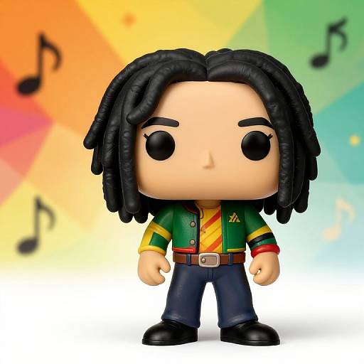 Chibi-style figurine of a black-haired character with large eyes, wearing a green jacket with yellow stripes, blue pants, and black shoes, set