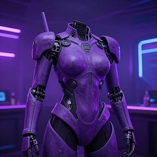 CGI image of a futuristic, purple, humanoid robot with a sleek, armored body and pronounced, curved breasts, standing in a neon-lit,