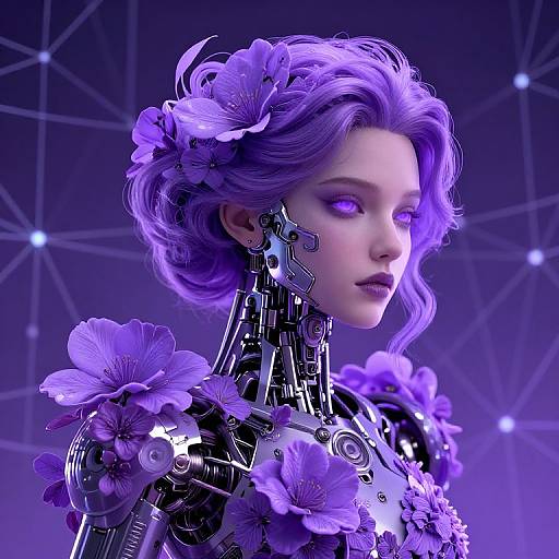 Digital artwork of a cybernetic woman with purple hair, mechanical neck, and flower-adorned shoulders, illuminated against a purple geometric background.