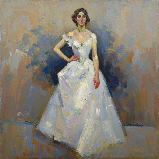 Impressionist-style painting of a fair-skinned woman with dark hair, wearing a white, off-shoulder, ball-gown wedding dress,