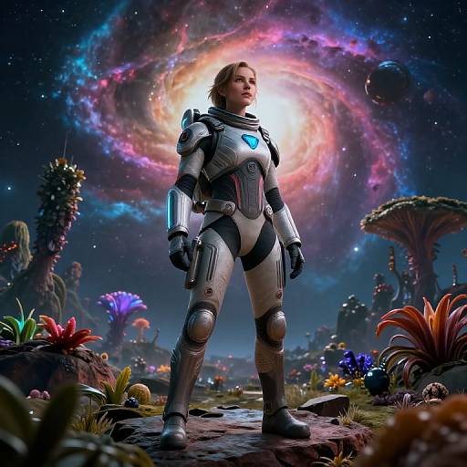 Digital artwork of a strong, armored woman with glowing blue chest piece standing confidently in a vibrant, alien garden under a colorful galaxy.