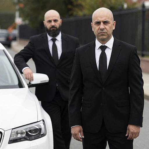 Businessmen in Suits by a White Car