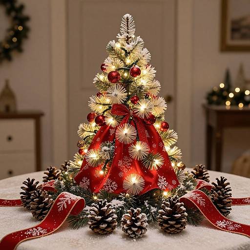 Photograph of a small, illuminated Christmas tree adorned with red ribbons, red ornaments, and pinecones, centered on a white tablecloth.