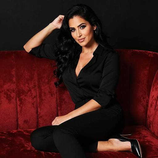 Photograph of a confident woman with long black hair, wearing a black blouse and pants, kneeling on a red velvet couch, touching her hair, with