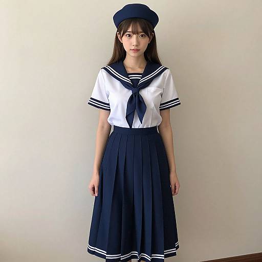 Photograph of an Asian woman in a traditional Japanese schoolgirl uniform: white sailor top with navy neckerchief, navy pleated skirt, navy hat
